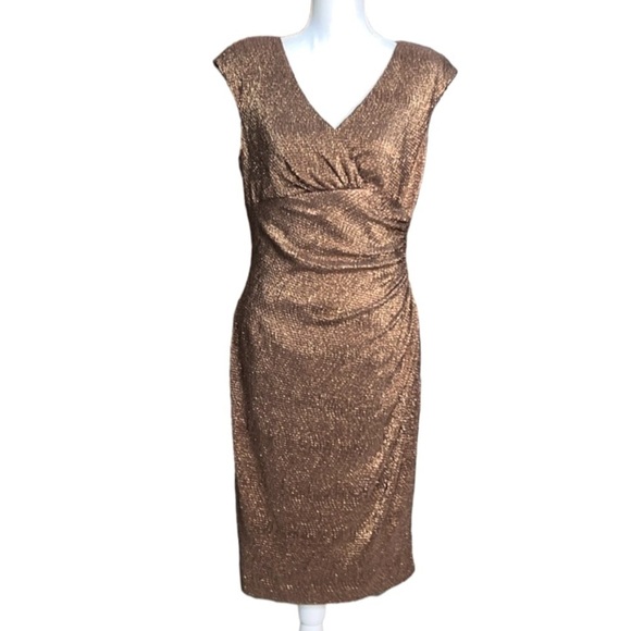 Lauren Ralph Lauren Gold Bronze Shimmer  Brown dress knee modest - Picture 3 of 15